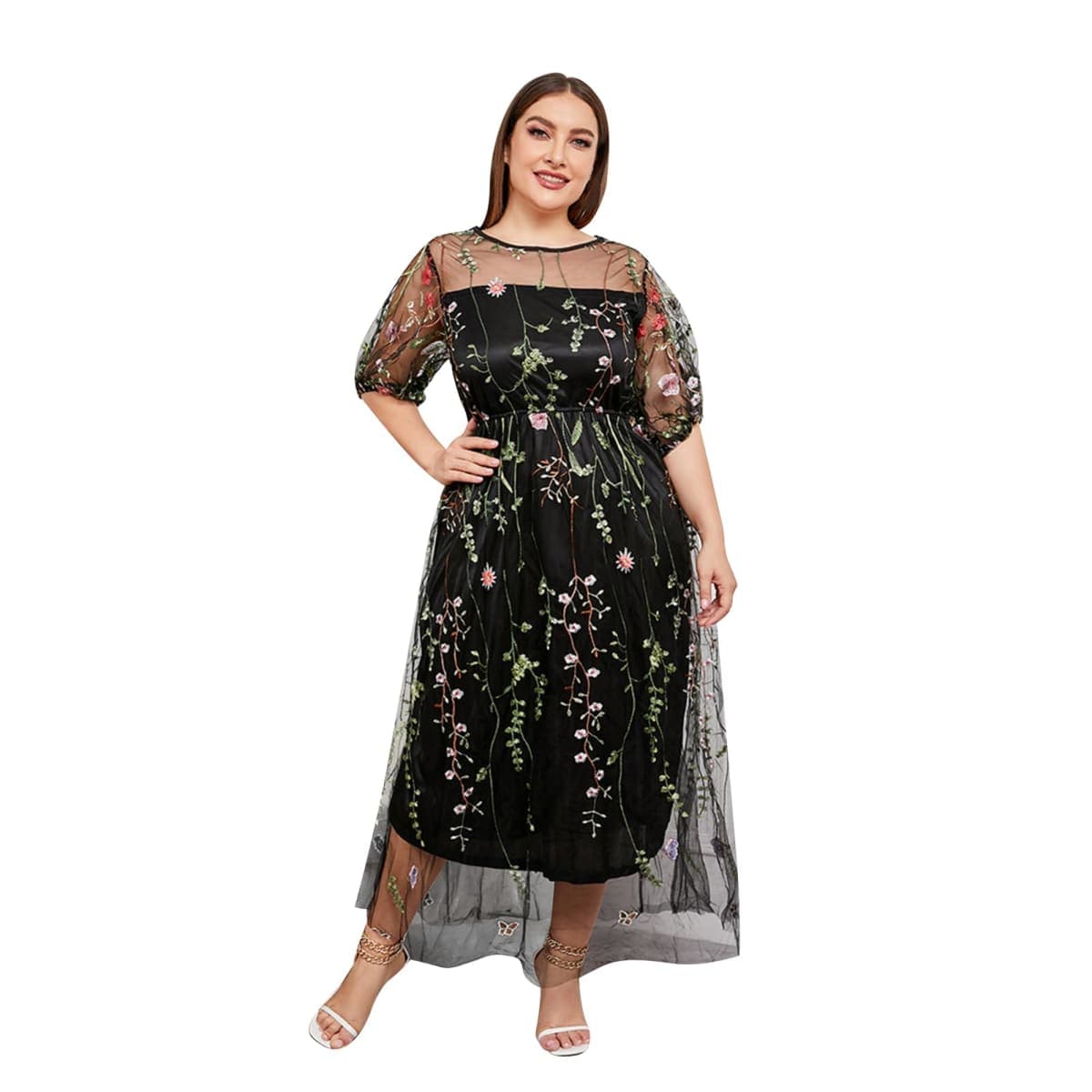 1/2 Sleeve Floral Embroidery Dress for Women Plus Size Embroidered Tulle Dress Mesh Wedding Guest Cocktail Party Long Dress, Black-floral, X-Large — image 1