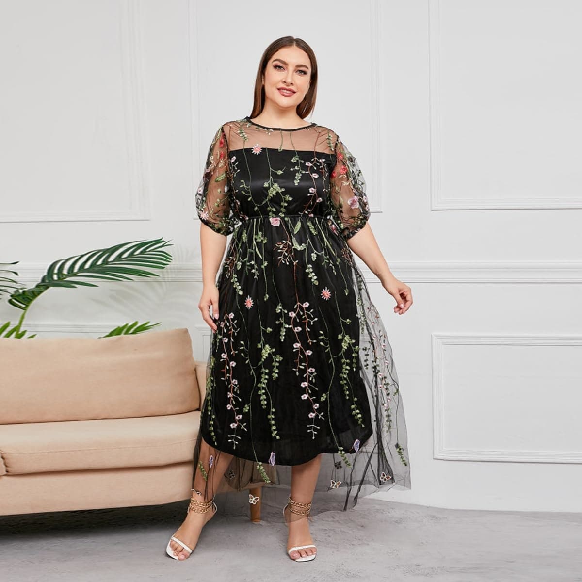 1/2 Sleeve Floral Embroidery Dress for Women Plus Size Embroidered Tulle Dress Mesh Wedding Guest Cocktail Party Long Dress, Black-floral, X-Large thumbnail 2