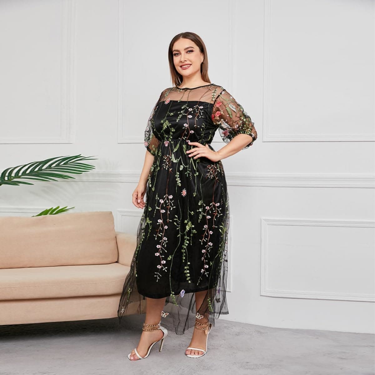 1/2 Sleeve Floral Embroidery Dress for Women Plus Size Embroidered Tulle Dress Mesh Wedding Guest Cocktail Party Long Dress, Black-floral, X-Large thumbnail 3