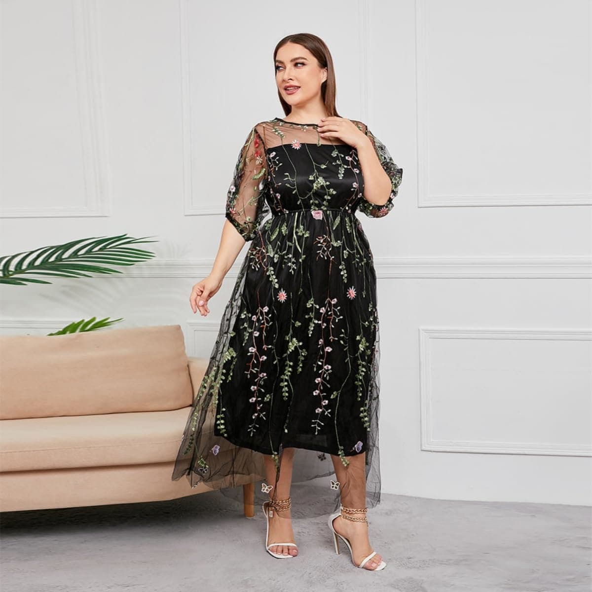1/2 Sleeve Floral Embroidery Dress for Women Plus Size Embroidered Tulle Dress Mesh Wedding Guest Cocktail Party Long Dress, Black-floral, X-Large thumbnail 4