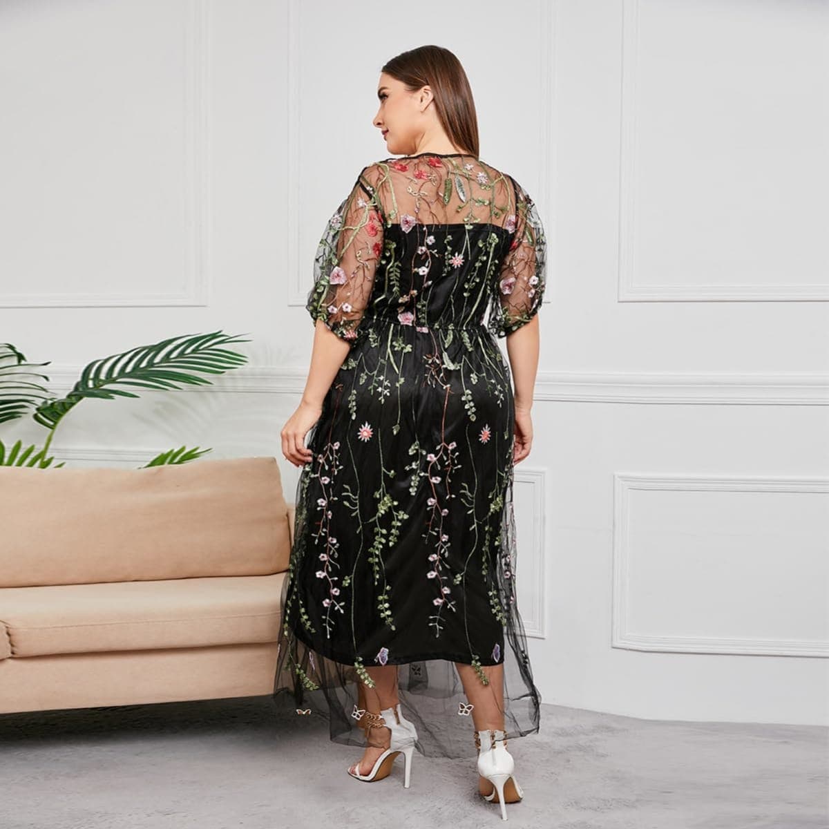 1/2 Sleeve Floral Embroidery Dress for Women Plus Size Embroidered Tulle Dress Mesh Wedding Guest Cocktail Party Long Dress, Black-floral, X-Large thumbnail 5