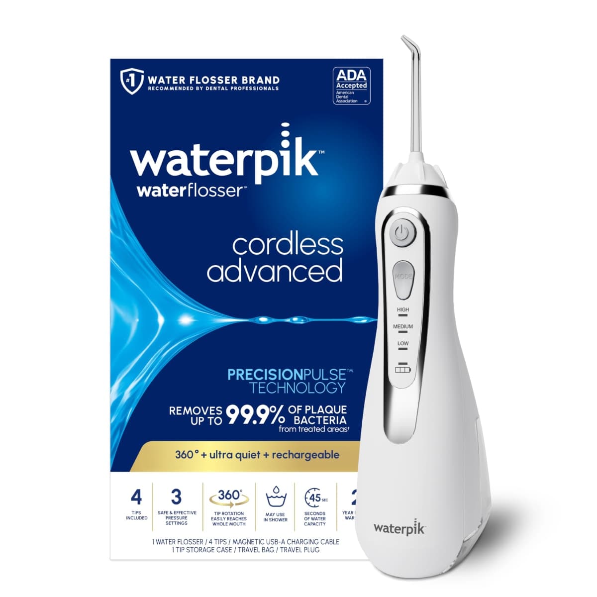 Waterpik Cordless Advanced 2.0 Water Flosser for Teeth, Gums, Braces, Dental Care with Travel Bag & 4 Tips, CDA Validated, Waterproof Rechargeable Handheld, White (1 Count) Gift for Men Women Mom Dad
