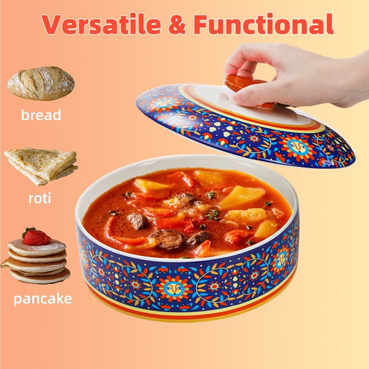 WRINGKIT Ceramic Tortilla Warmer, 8.5 Inch Tortilla Holder with Lid, Tortilla Pancake Keeper Storage Container for Flour Taco, Chapati, Roti Bread, Microwave Dishwasher Safe thumbnail 3