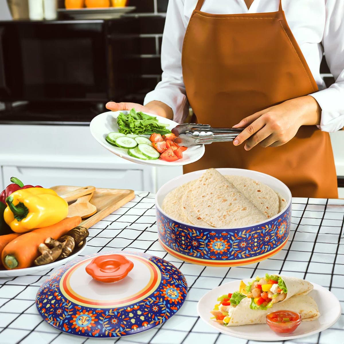 WRINGKIT Ceramic Tortilla Warmer, 8.5 Inch Tortilla Holder with Lid, Tortilla Pancake Keeper Storage Container for Flour Taco, Chapati, Roti Bread, Microwave Dishwasher Safe thumbnail 5