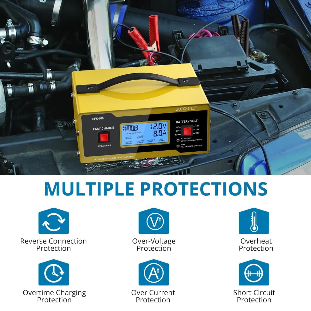 AUTOUTLET Upgraded 6/8/12/14/16/24V Battery Charger Automotive Smart Car Battery Charger and Trickle Maintainer 0-14A Fully Automatic with Cable Clamps thumbnail 3