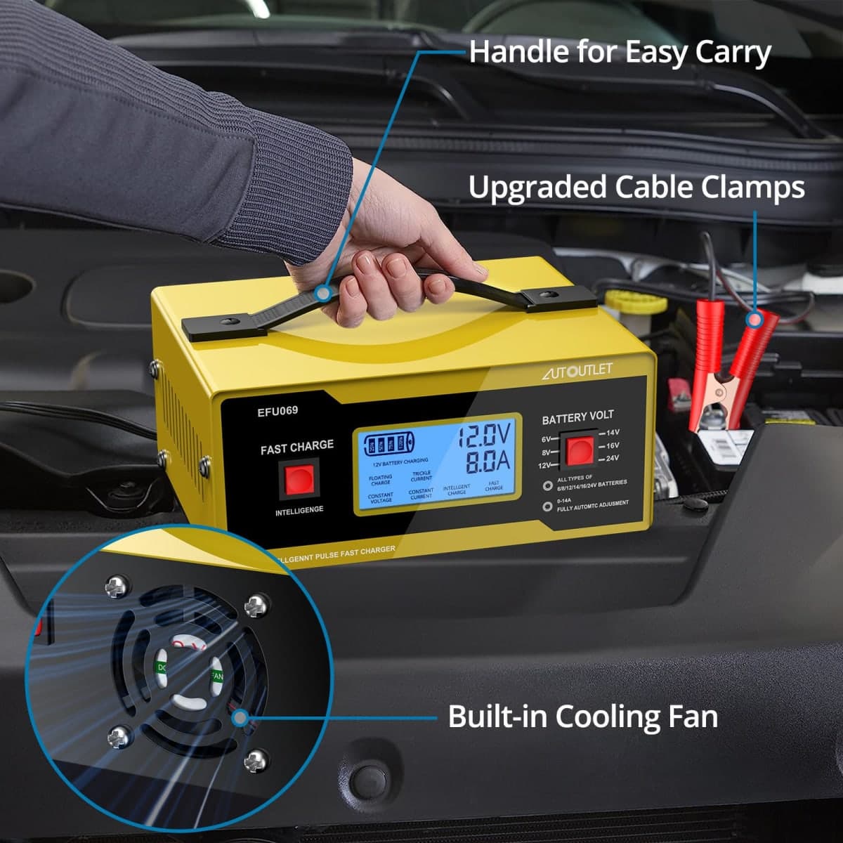 AUTOUTLET Upgraded 6/8/12/14/16/24V Battery Charger Automotive Smart Car Battery Charger and Trickle Maintainer 0-14A Fully Automatic with Cable Clamps thumbnail 4