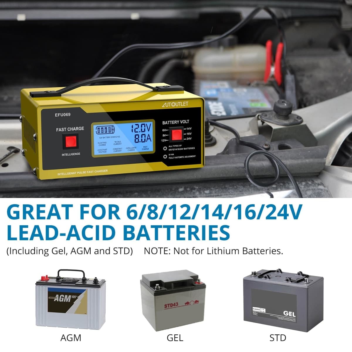 AUTOUTLET Upgraded 6/8/12/14/16/24V Battery Charger Automotive Smart Car Battery Charger and Trickle Maintainer 0-14A Fully Automatic with Cable Clamps thumbnail 5