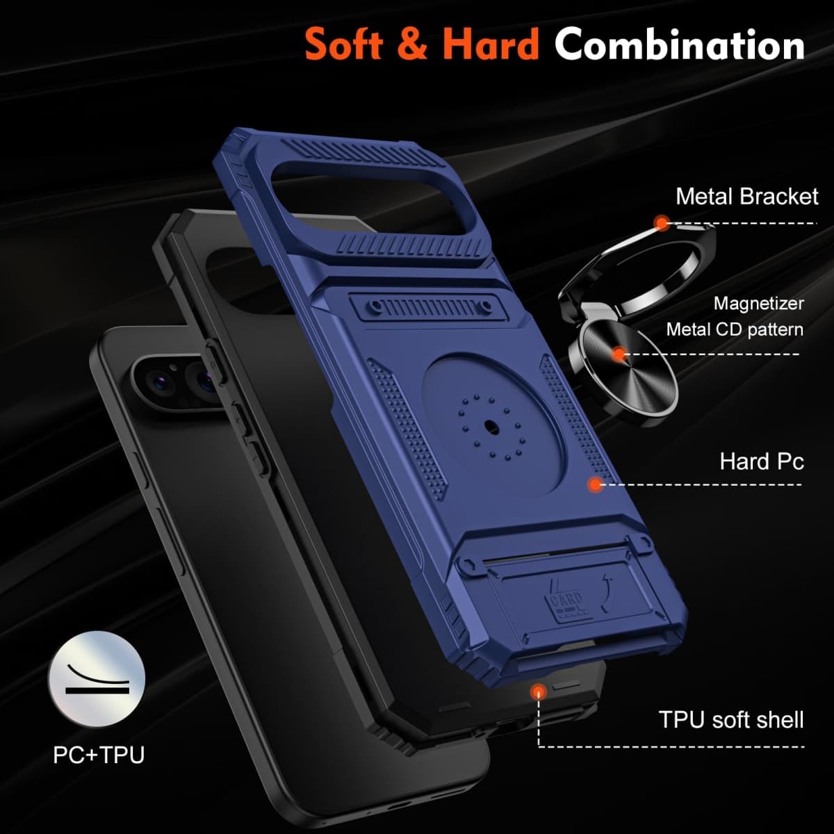 LEMAXELERS for Google Pixel 9 / Pixel 9 Pro Case with Card Holder 360° Magnetic Rotated Ring Kickstand Dual Layer Shockproof Hidden Card Slot Protective Phone Cover for Google Pixel 9, Blue RJ thumbnail 5