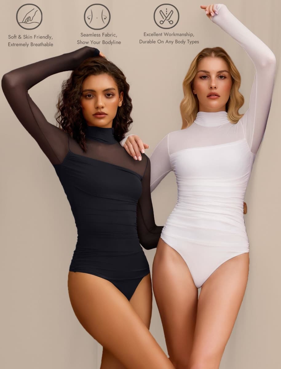 Avidlove Women Long Sleeve Bodysuit Turtle Neck Shapewear Body Suits Mesh One Piece Leotard Shirt Going Out Tops Fall Outfits, Black, XX-Large thumbnail 3