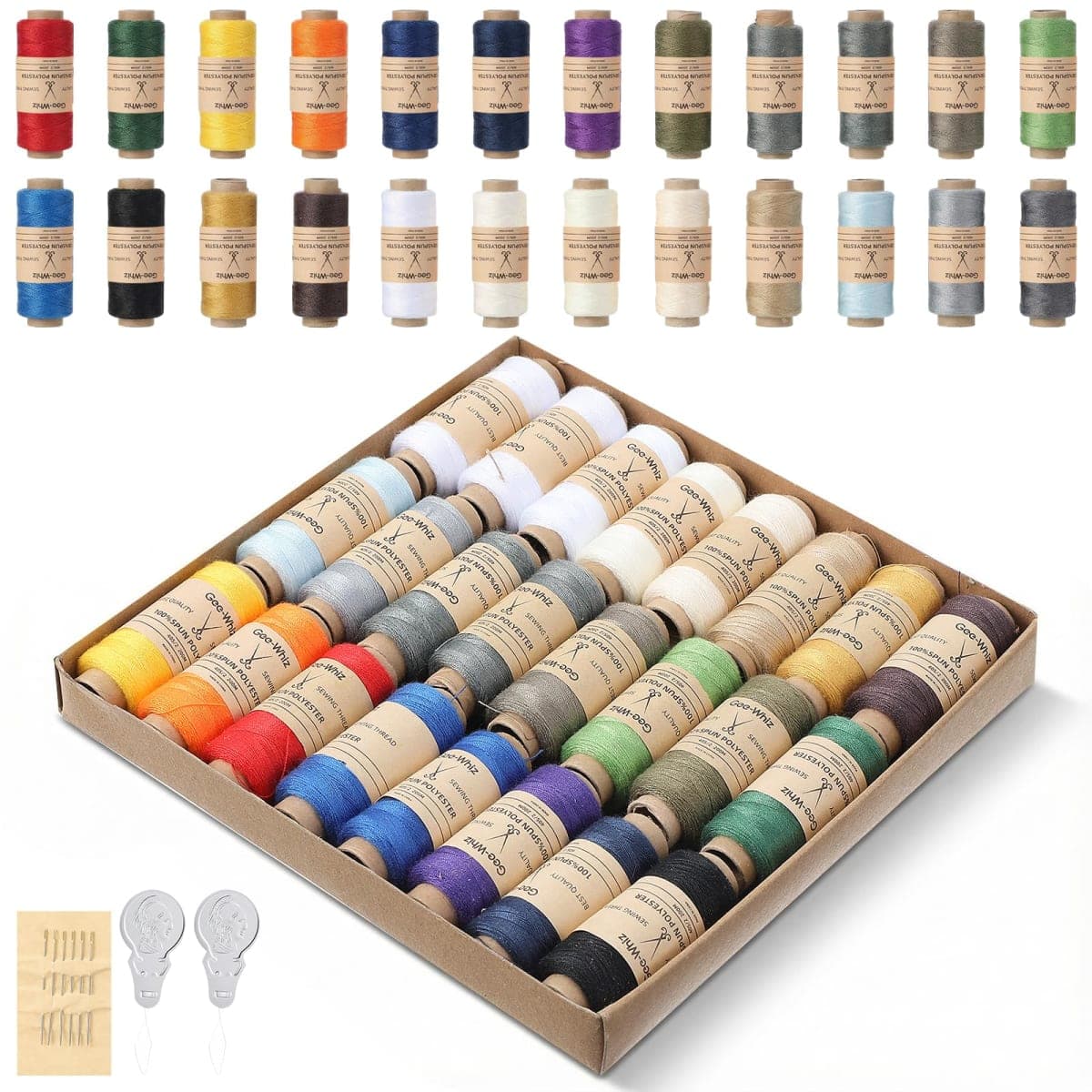 Oqqlin 24 Pcs Elastic Sewing Thread, 0.5 MM Colorful Sewing Threads with Needle, Needle Threader 219 Yards / 200 M Per Spools for Weave, Overlock, Serger, Quilting, Knitting, DIY