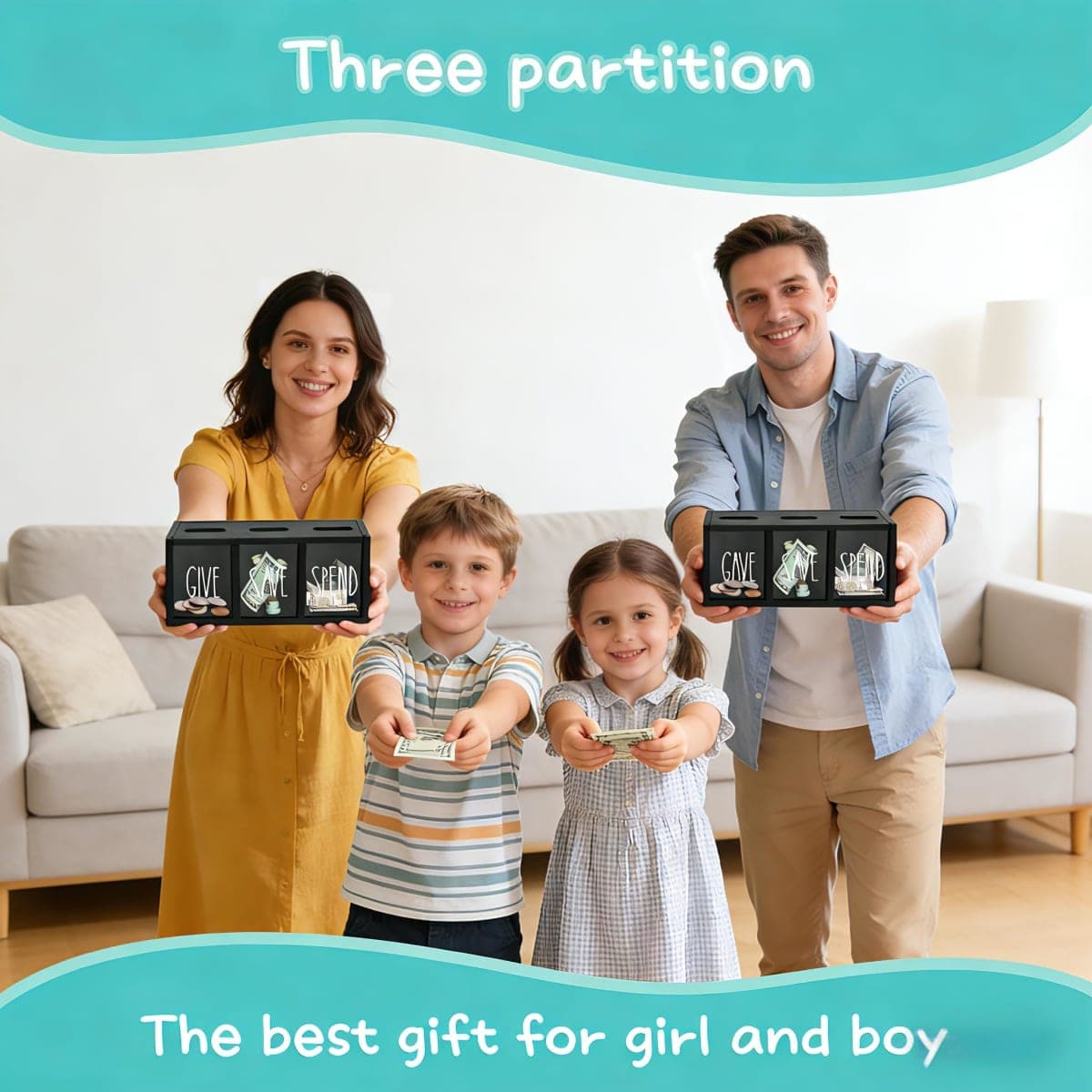 Piggy Bank for Kids, Saving Box for Adults for Bills and Coins, Money Box for Cash, Wood Money Saving Box for Boys and Grils,Give Save Spend Kids Piggy Bank (Black-sets2) thumbnail 2