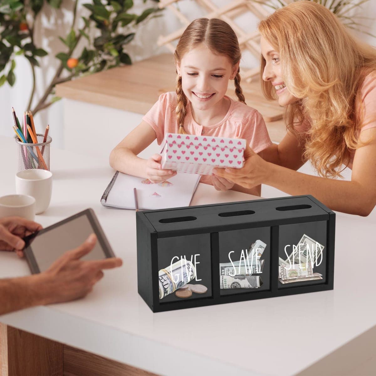 Piggy Bank for Kids, Saving Box for Adults for Bills and Coins, Money Box for Cash, Wood Money Saving Box for Boys and Grils,Give Save Spend Kids Piggy Bank (Black-sets2) thumbnail 4