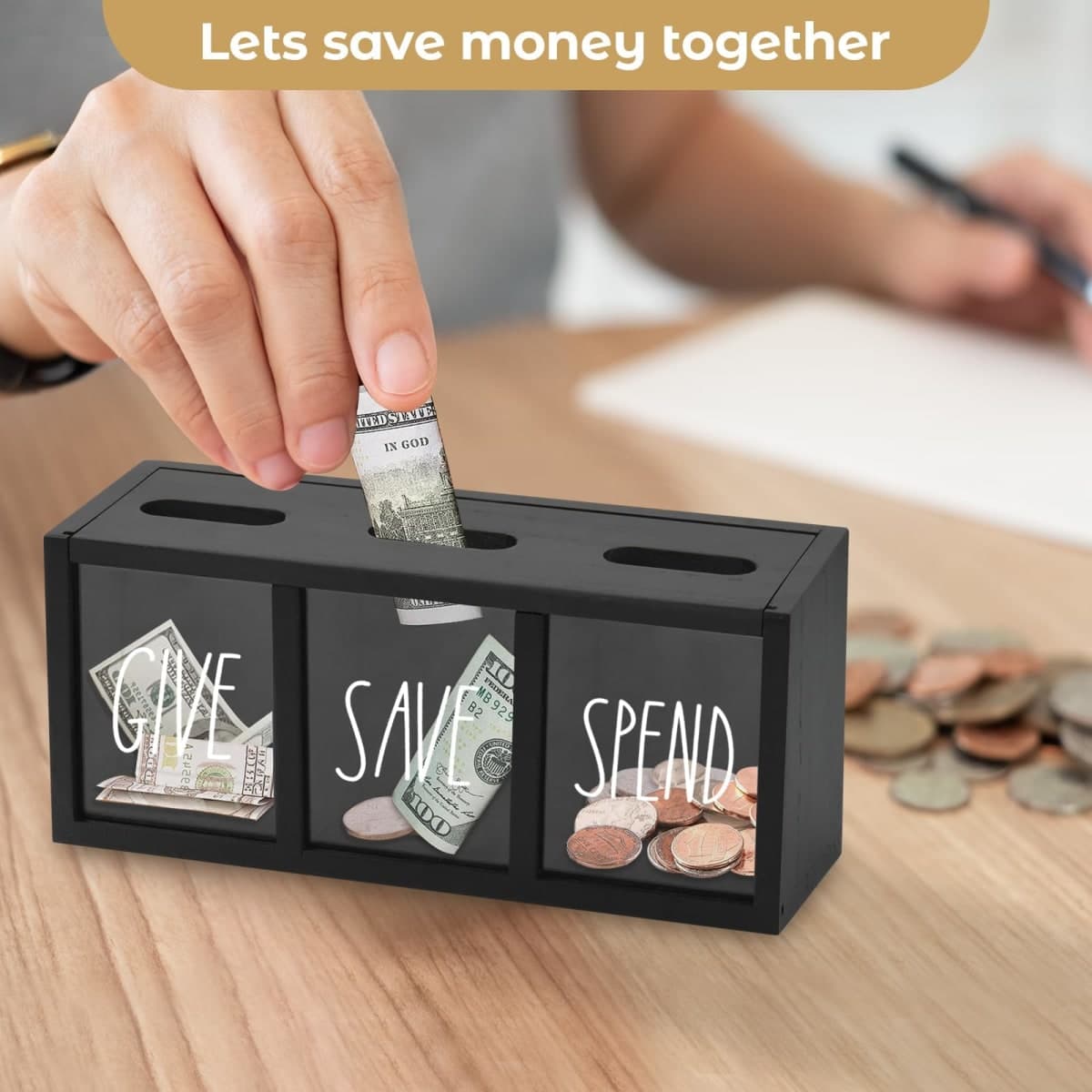 Piggy Bank for Kids, Saving Box for Adults for Bills and Coins, Money Box for Cash, Wood Money Saving Box for Boys and Grils,Give Save Spend Kids Piggy Bank (Black-sets2) thumbnail 5