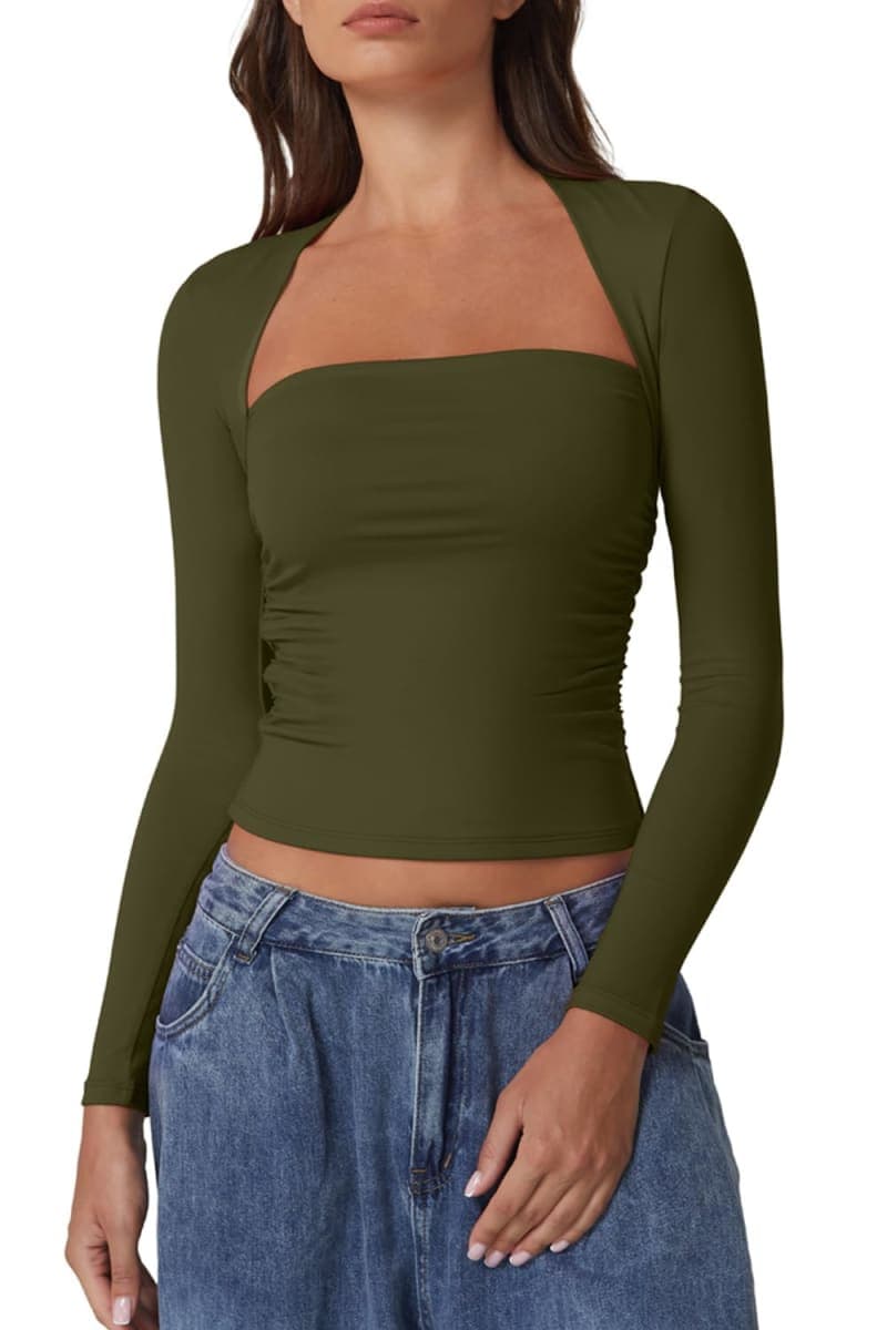 QINSEN Long Sleeve Square Neck Tops for Women Double Lined Side Ruching Going Out Shirts Basic Tee, Olive Green, Medium — image 1