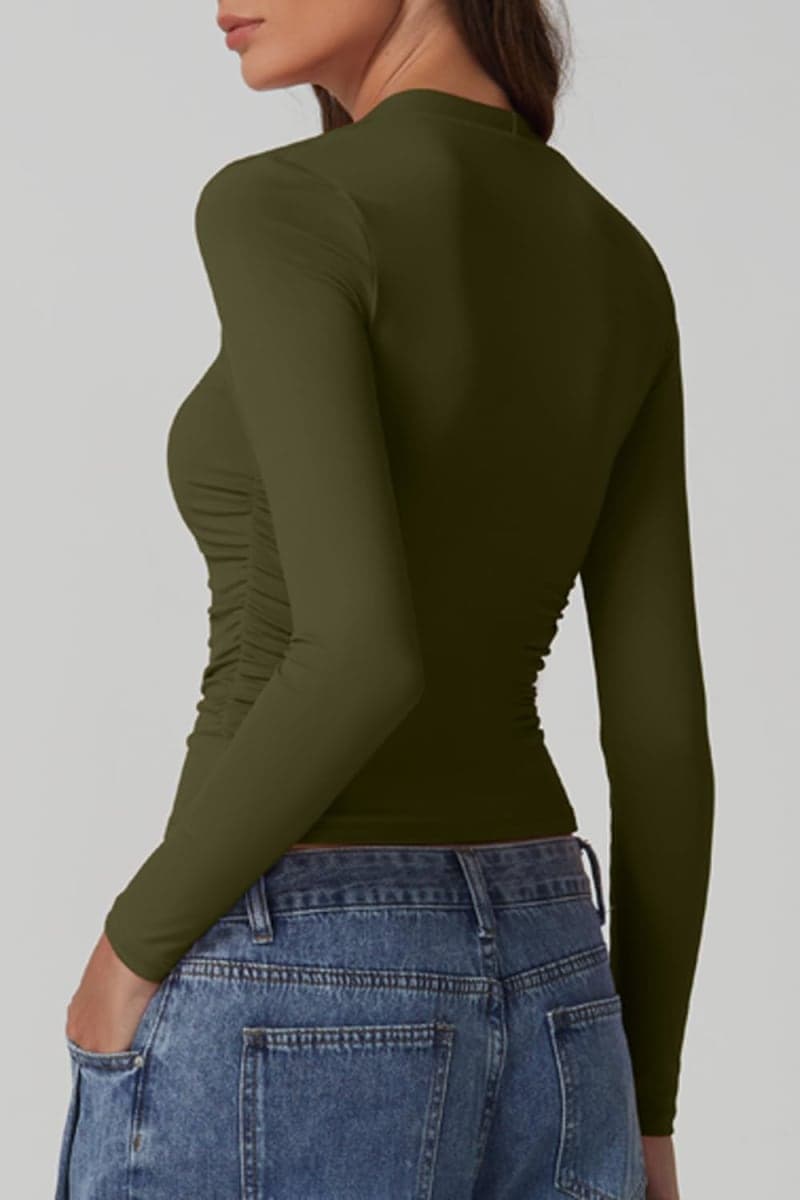 QINSEN Long Sleeve Square Neck Tops for Women Double Lined Side Ruching Going Out Shirts Basic Tee, Olive Green, Medium thumbnail 2