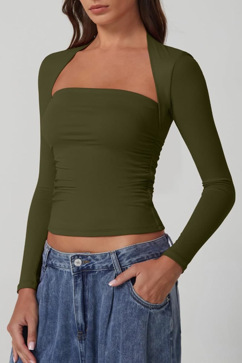 QINSEN Long Sleeve Square Neck Tops for Women Double Lined Side Ruching Going Out Shirts Basic Tee, Olive Green, Medium thumbnail 3