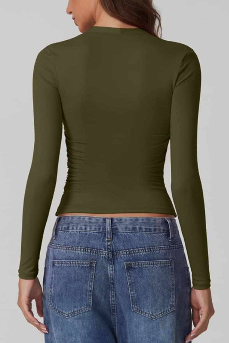 QINSEN Long Sleeve Square Neck Tops for Women Double Lined Side Ruching Going Out Shirts Basic Tee, Olive Green, Medium thumbnail 4