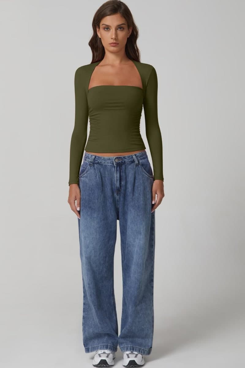 QINSEN Long Sleeve Square Neck Tops for Women Double Lined Side Ruching Going Out Shirts Basic Tee, Olive Green, Medium thumbnail 5