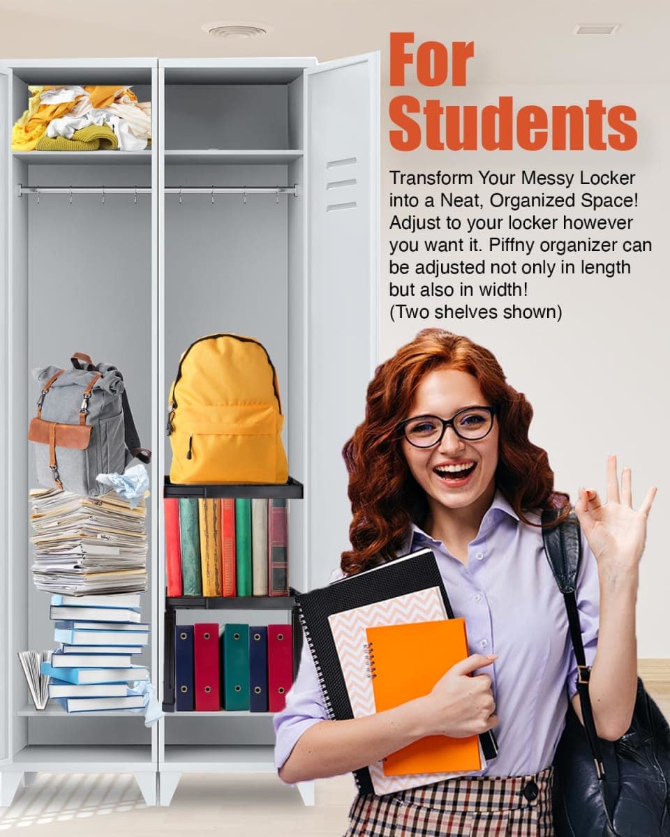 Piffny Locker Organizer Shelf， Adjustable Width and Height, Stackable, Ideal Locker Shelf for School, Office, Gym Lockers, or Even Kitchen Cabinets & Under Sink Organization (Black 1 Pack) thumbnail 4