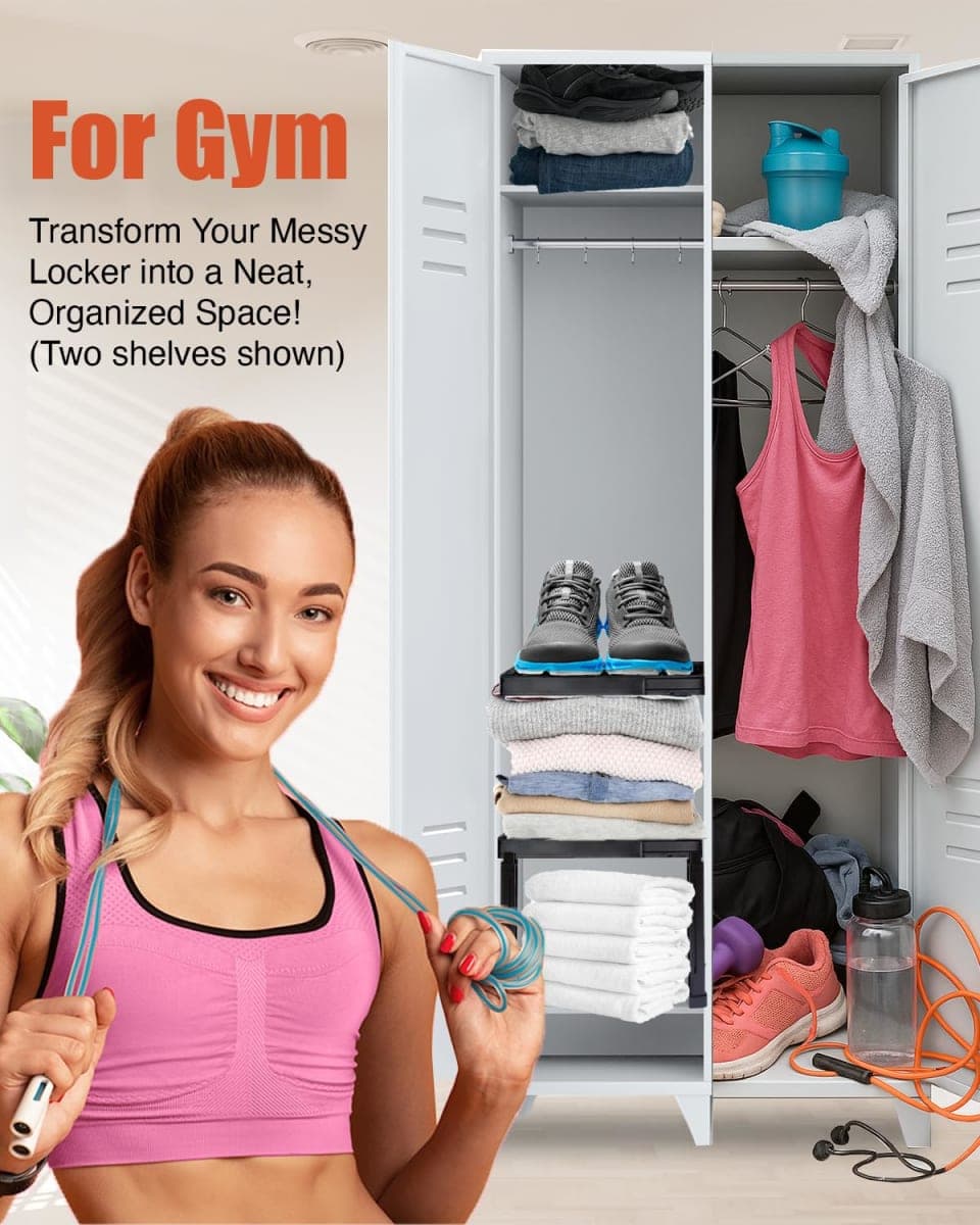 Piffny Locker Organizer Shelf， Adjustable Width and Height, Stackable, Ideal Locker Shelf for School, Office, Gym Lockers, or Even Kitchen Cabinets & Under Sink Organization (Black 1 Pack) thumbnail 5