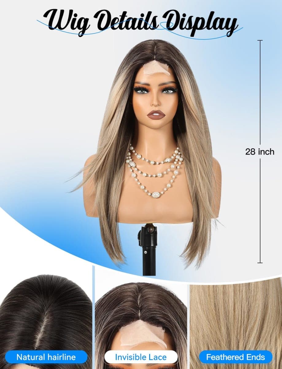 HAIRCUBE Long Straight Wig for Women, Heat Resistant Synthetic Hair with Bangs, Natural Looking Pre-Cut Lace Front Wig, Soft & Lightweight for Daily Use, Cosplay, Parties (Blonde) thumbnail 2