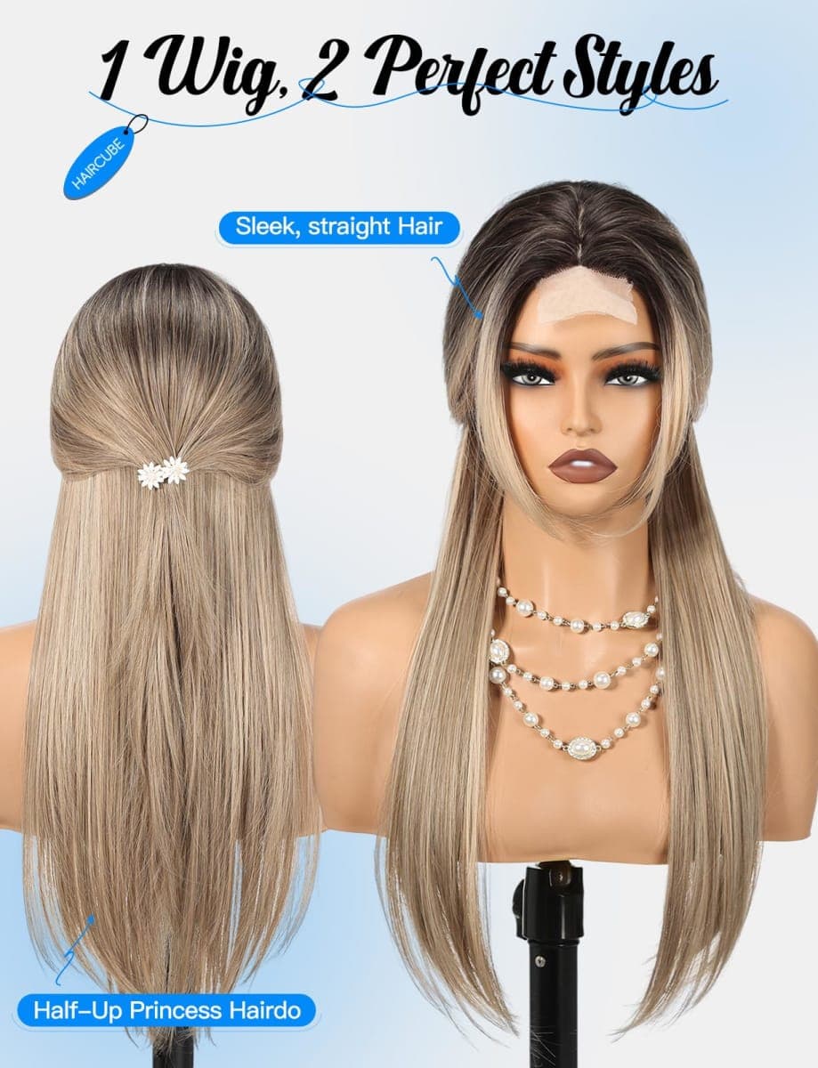 HAIRCUBE Long Straight Wig for Women, Heat Resistant Synthetic Hair with Bangs, Natural Looking Pre-Cut Lace Front Wig, Soft & Lightweight for Daily Use, Cosplay, Parties (Blonde) thumbnail 3