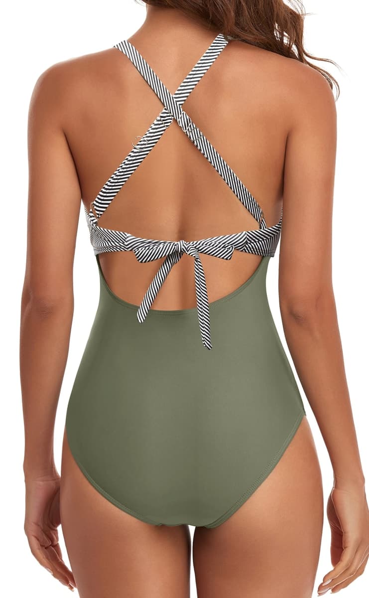 Eomenie Women's One Piece Swimsuits Tummy Control Cutout High Waisted Bathing Suit Wrap Tie Back 1 Piece Swimsuit Green Striped thumbnail 3