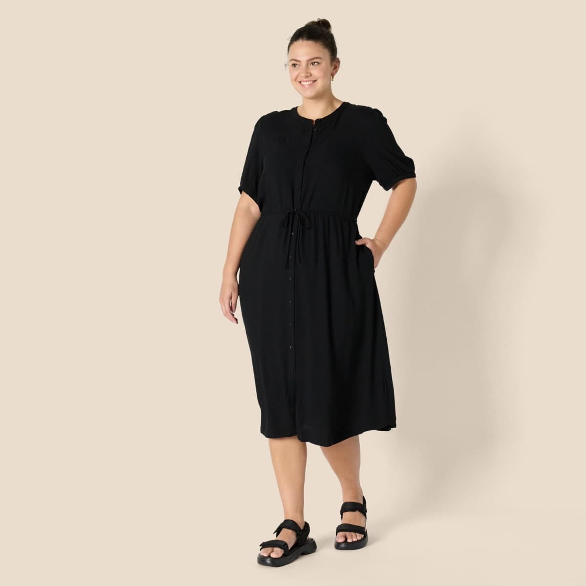Amazon Essentials Women's Relaxed Fit Half-Sleeve Waisted Midi A-Line Dress, Black, Medium thumbnail 5