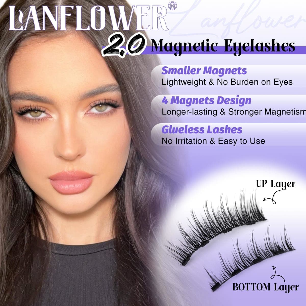 Lanflower Magnetic Eyelashes with Applicator, Mangetic Eyelashes Natural Look, Wispy Magnetic Lashes, No Glue Needed Magnetic Eyelashes, Strong Hold, Reusable, Waterproof, Cat Eye, No Irritation thumbnail 4