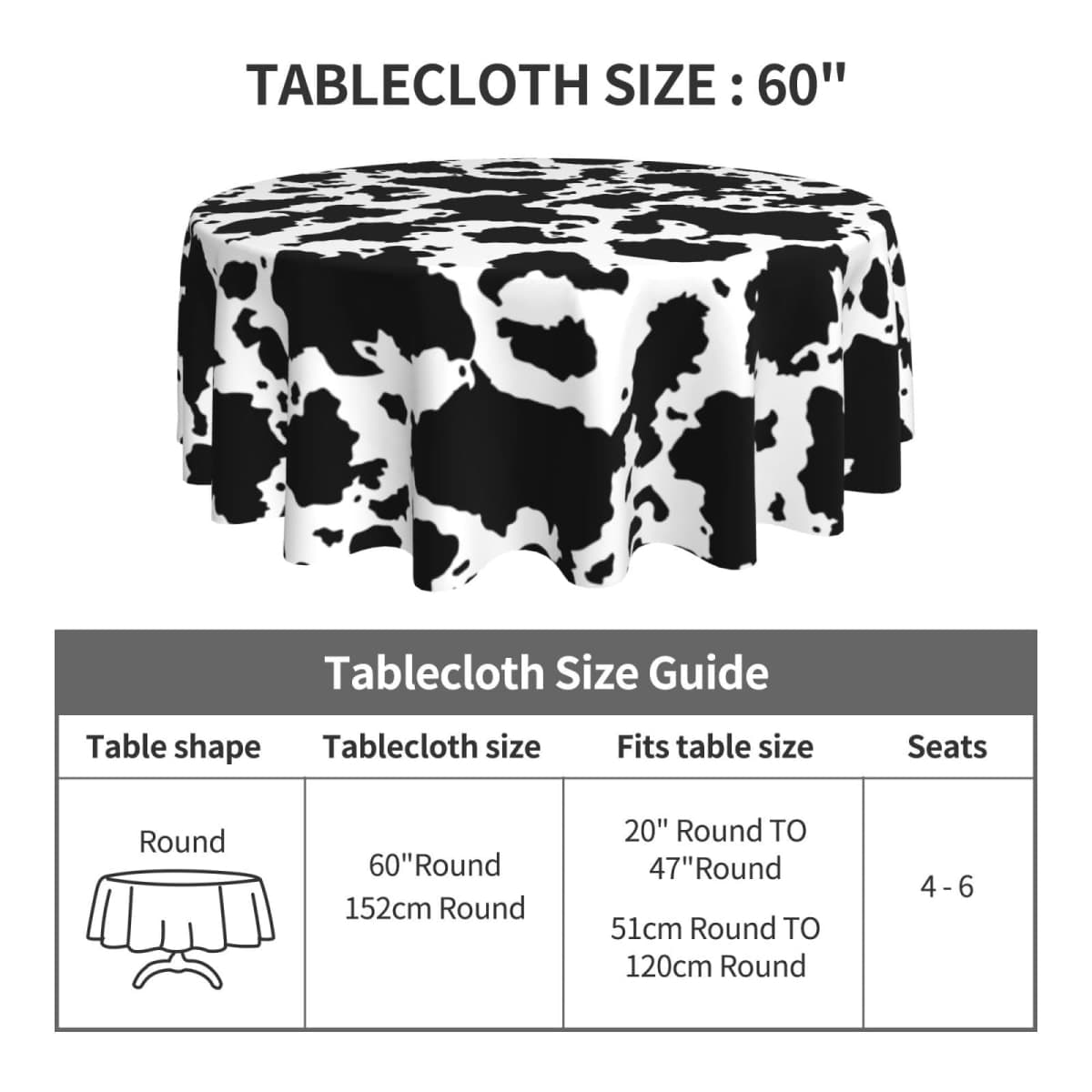 KUOAICY Cow Print Tablecloth Round Table Cover Washable Reusable for Kitchen Dining Picnic Party Holiday Decor 60 Inch thumbnail 2