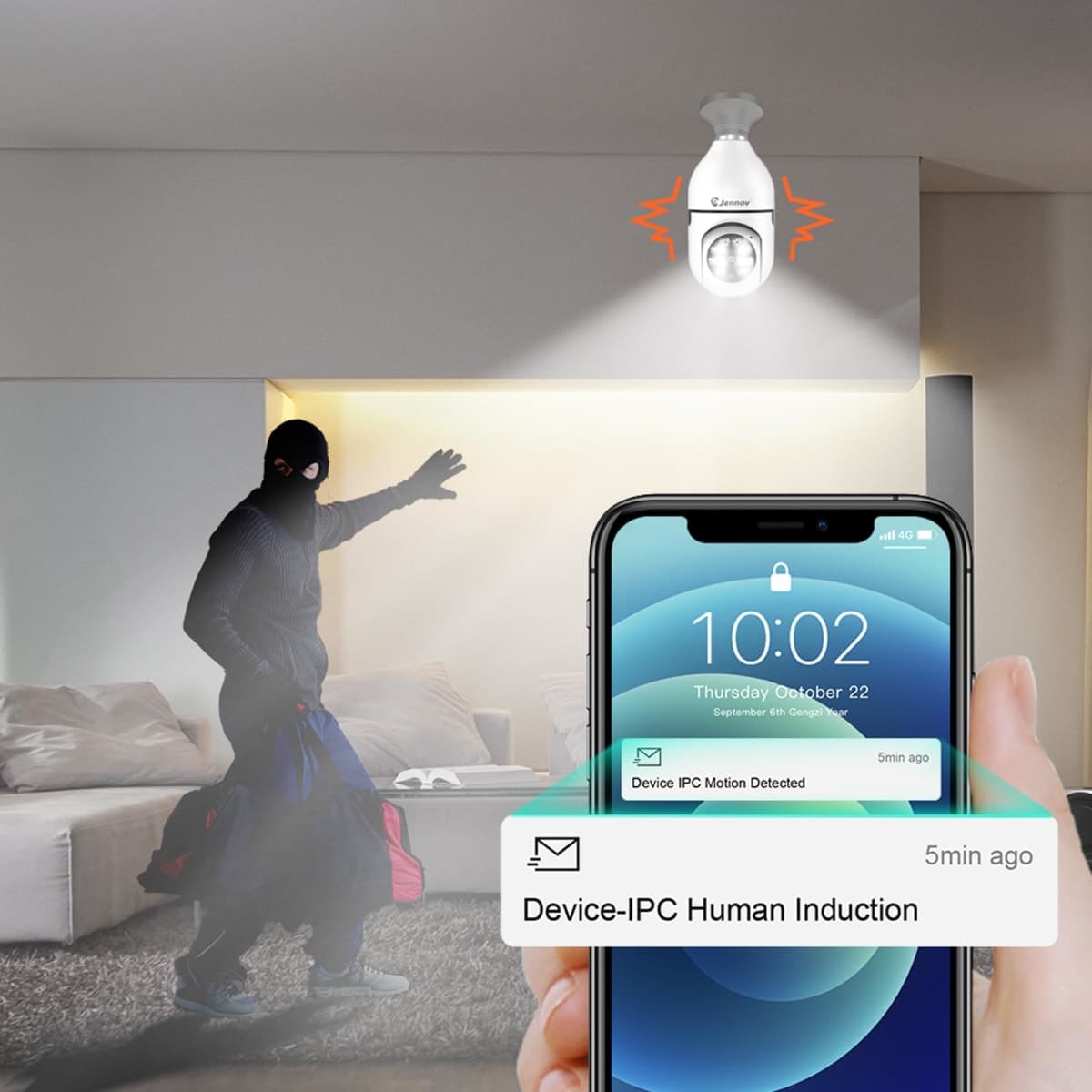 Jennov 2K Light Bulb Security Camera Wireless Outdoor, Indoor Light Socket Cameras for Home Security, Human Detection, 355°, Color Night Vision, 5G/2.4G WiFi, Screw in, Compatible with Alexa thumbnail 3