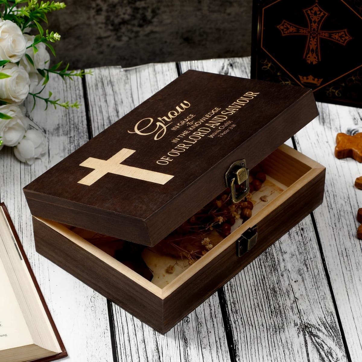 CroBlissful First Communion Wooden Box Keepsake Baptism Memory Box Gift 8.6 x 5.1 x 2.4 Inches First Holy Communion Jewelry Storage for Baptism Memory Keepsake(Cross) thumbnail 4