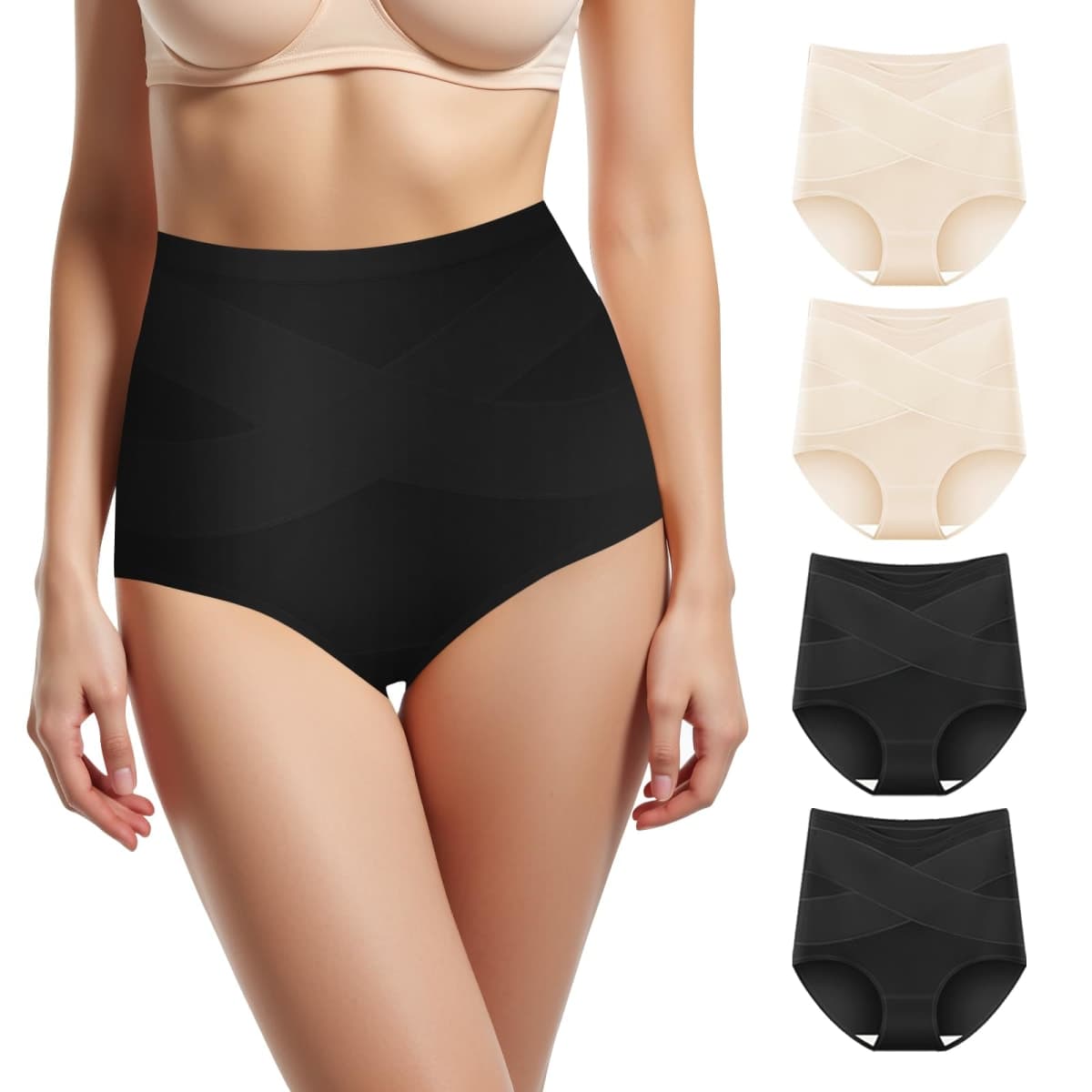 QUASTI Women's High Waisted Underwear Tummy Control Cotton Panties Full Coverage Postpartum Briefs 4 Pack, Multicolor-two Pieces of Rose & Black, X-Large — image 1