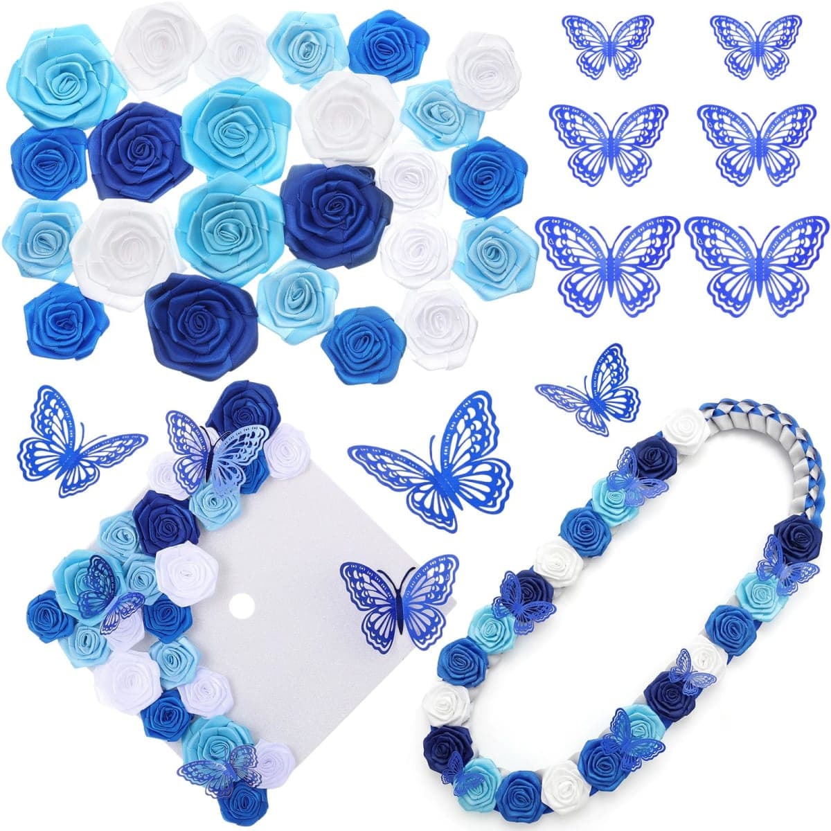 Dunzoom 36 Pcs DIY Graduation Cap Decorations Graduation Leis Decorations Accessory Kit Include Satin Fabric Rose Flower Heads 3D Butterfly for Grad Hat Craft Party Supplies(Blue Series Color) — image 1