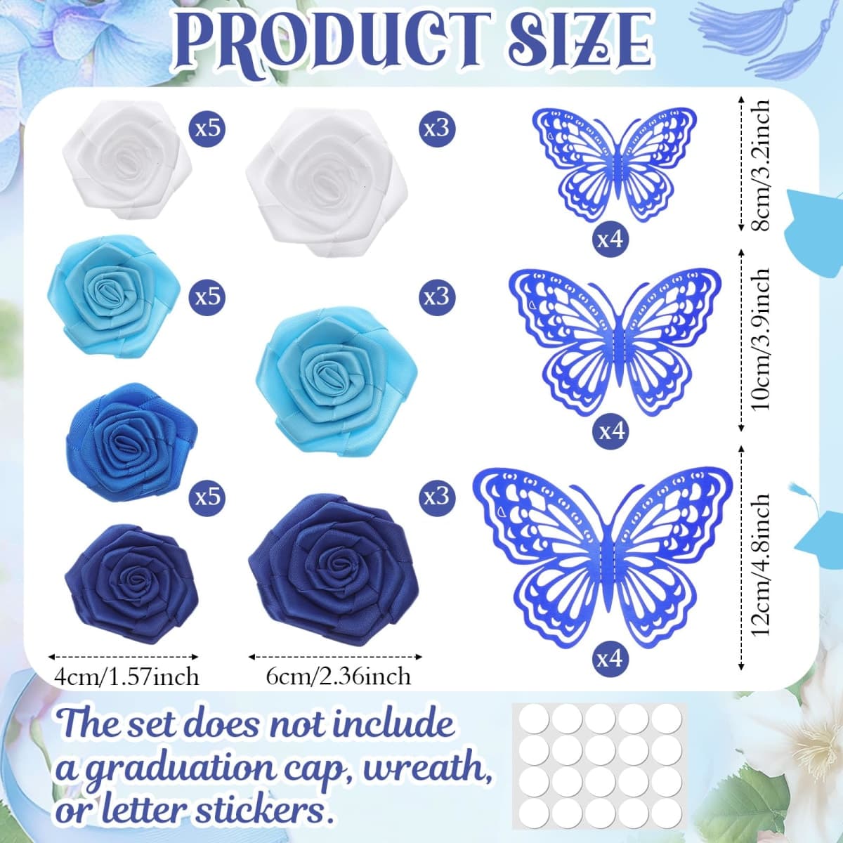 Dunzoom 36 Pcs DIY Graduation Cap Decorations Graduation Leis Decorations Accessory Kit Include Satin Fabric Rose Flower Heads 3D Butterfly for Grad Hat Craft Party Supplies(Blue Series Color) thumbnail 2