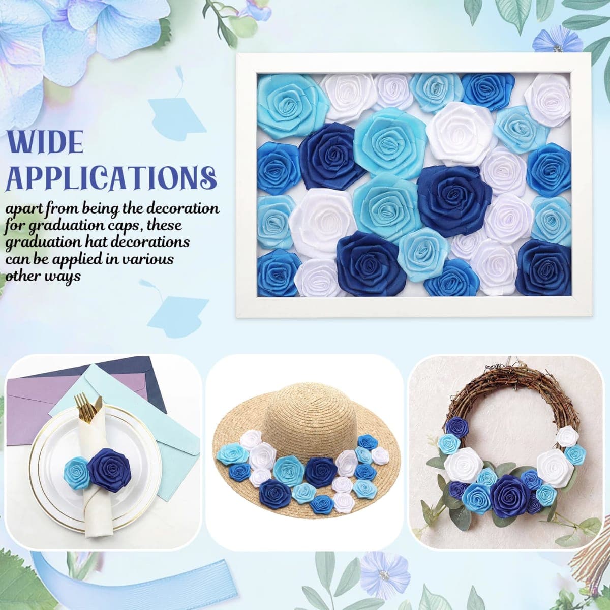 Dunzoom 36 Pcs DIY Graduation Cap Decorations Graduation Leis Decorations Accessory Kit Include Satin Fabric Rose Flower Heads 3D Butterfly for Grad Hat Craft Party Supplies(Blue Series Color) thumbnail 3