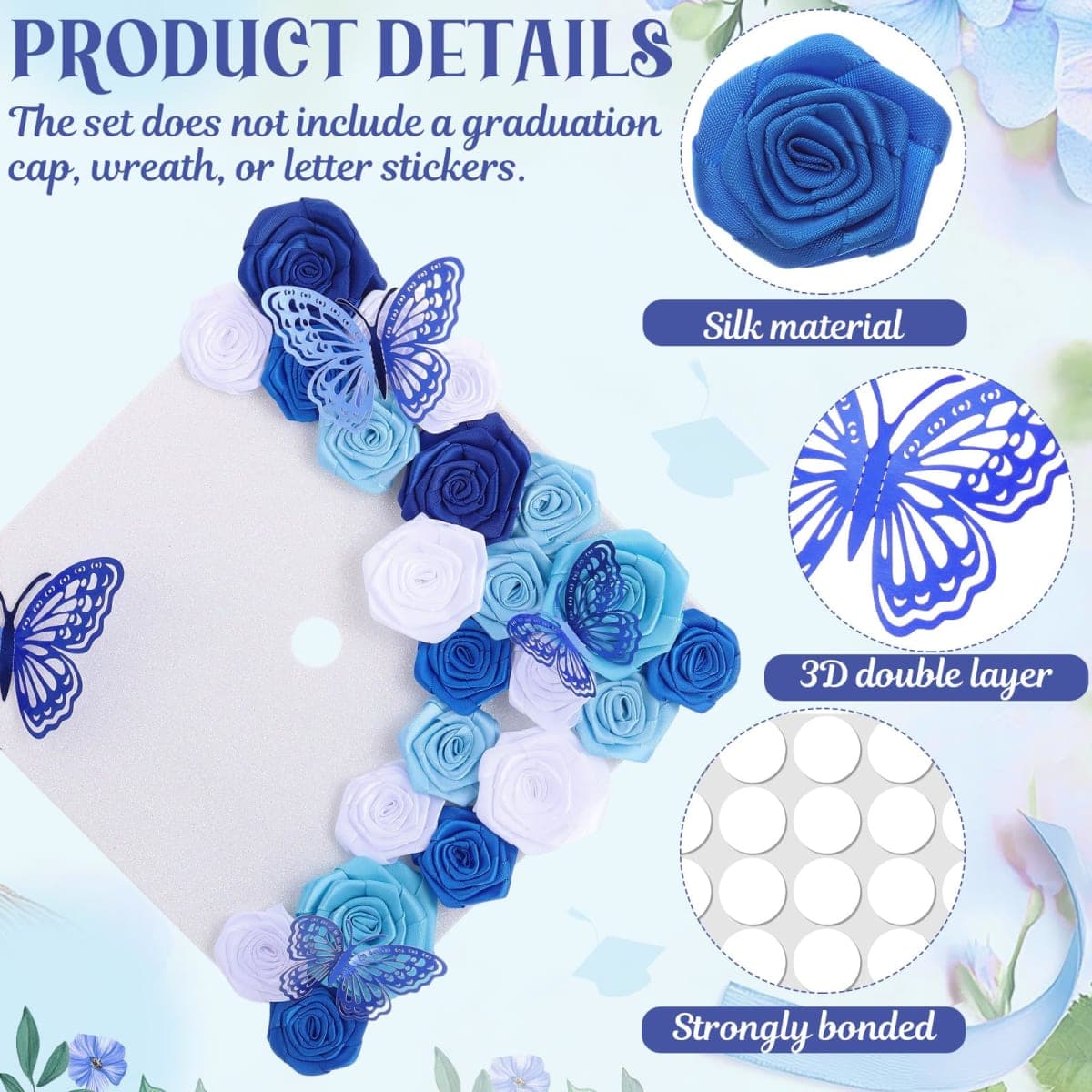 Dunzoom 36 Pcs DIY Graduation Cap Decorations Graduation Leis Decorations Accessory Kit Include Satin Fabric Rose Flower Heads 3D Butterfly for Grad Hat Craft Party Supplies(Blue Series Color) thumbnail 4
