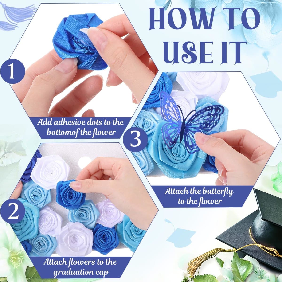 Dunzoom 36 Pcs DIY Graduation Cap Decorations Graduation Leis Decorations Accessory Kit Include Satin Fabric Rose Flower Heads 3D Butterfly for Grad Hat Craft Party Supplies(Blue Series Color) thumbnail 5
