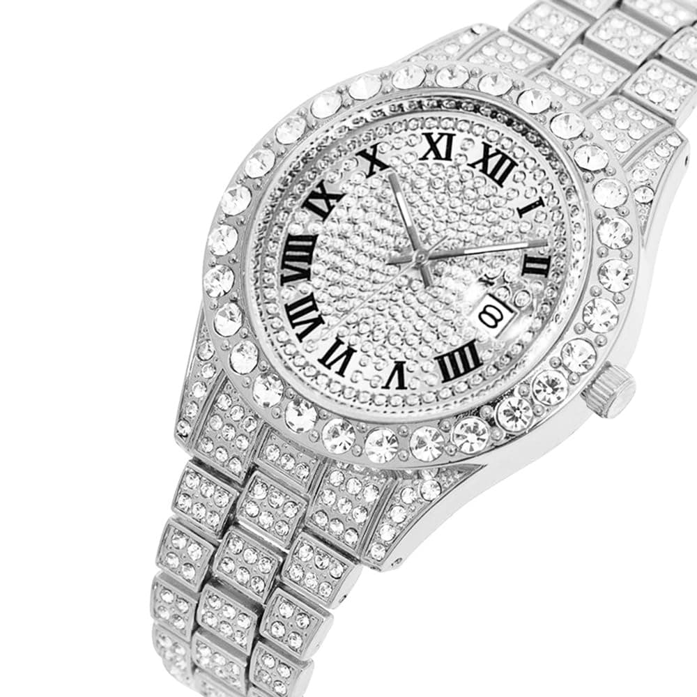 HUNRUY Hip Hop Watches for Men Iced-Out Bling Diamond Luxury Quartz Watches with Date, 42mm Face Diamond Silver, Fashion thumbnail 2