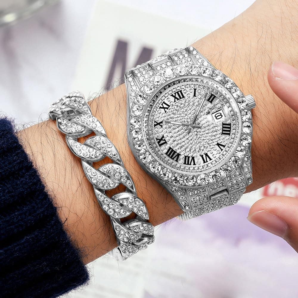 HUNRUY Hip Hop Watches for Men Iced-Out Bling Diamond Luxury Quartz Watches with Date, 42mm Face Diamond Silver, Fashion thumbnail 3