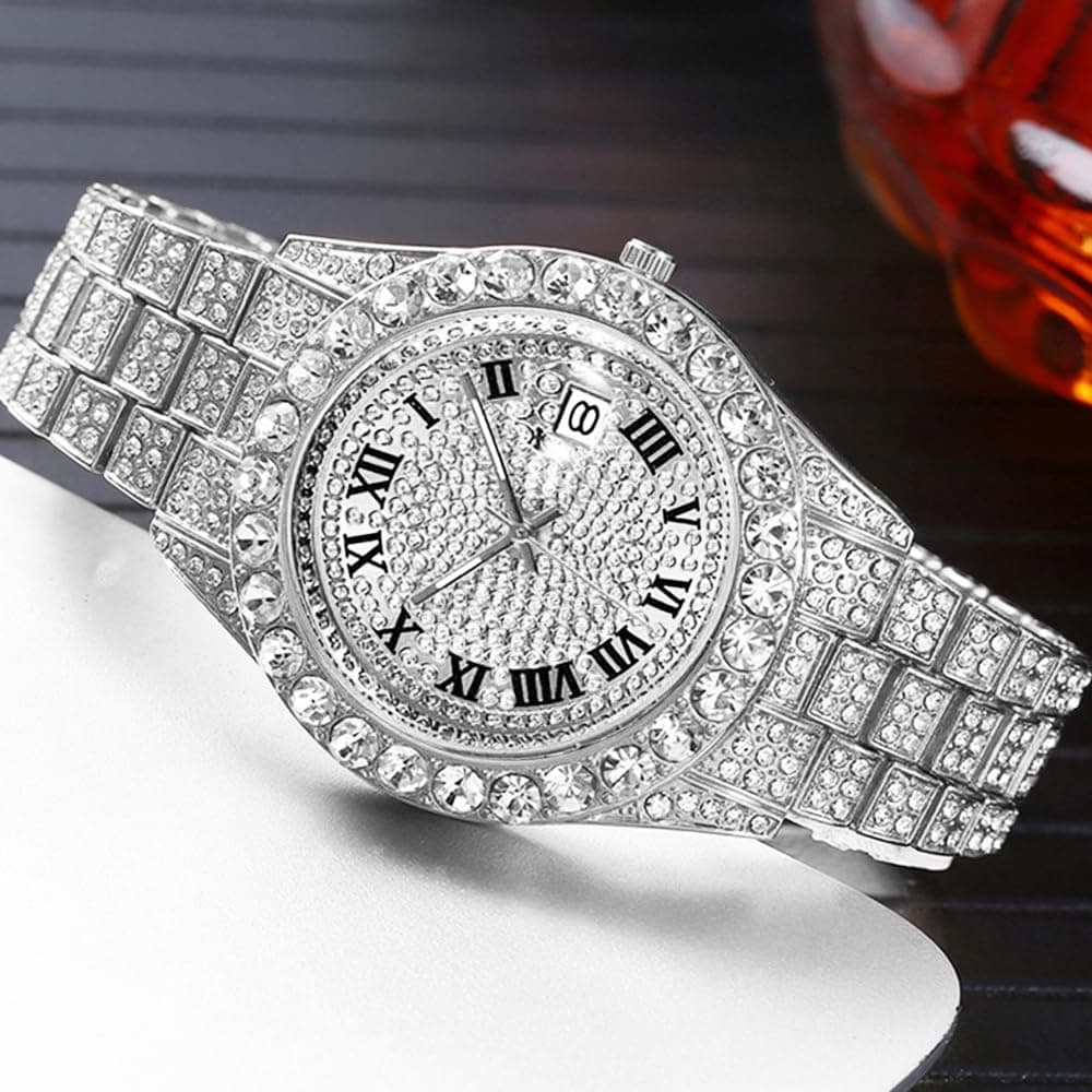 HUNRUY Hip Hop Watches for Men Iced-Out Bling Diamond Luxury Quartz Watches with Date, 42mm Face Diamond Silver, Fashion thumbnail 4