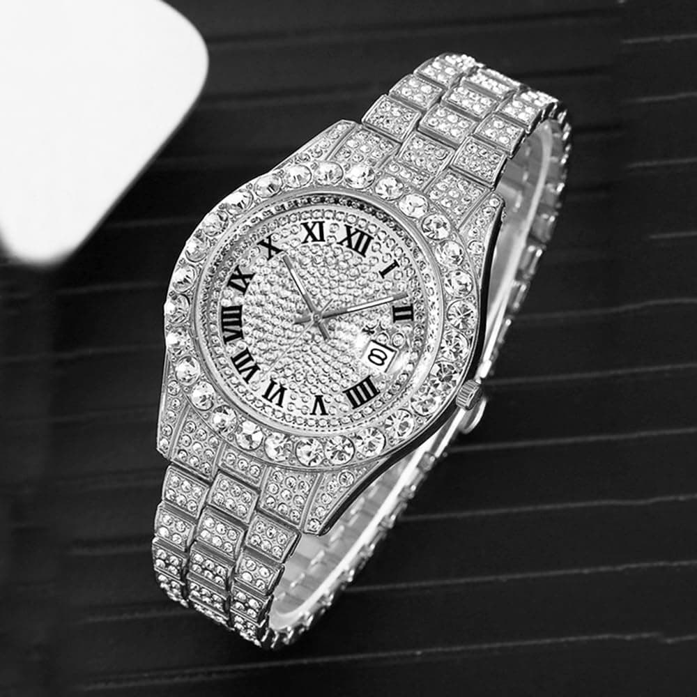 HUNRUY Hip Hop Watches for Men Iced-Out Bling Diamond Luxury Quartz Watches with Date, 42mm Face Diamond Silver, Fashion thumbnail 5