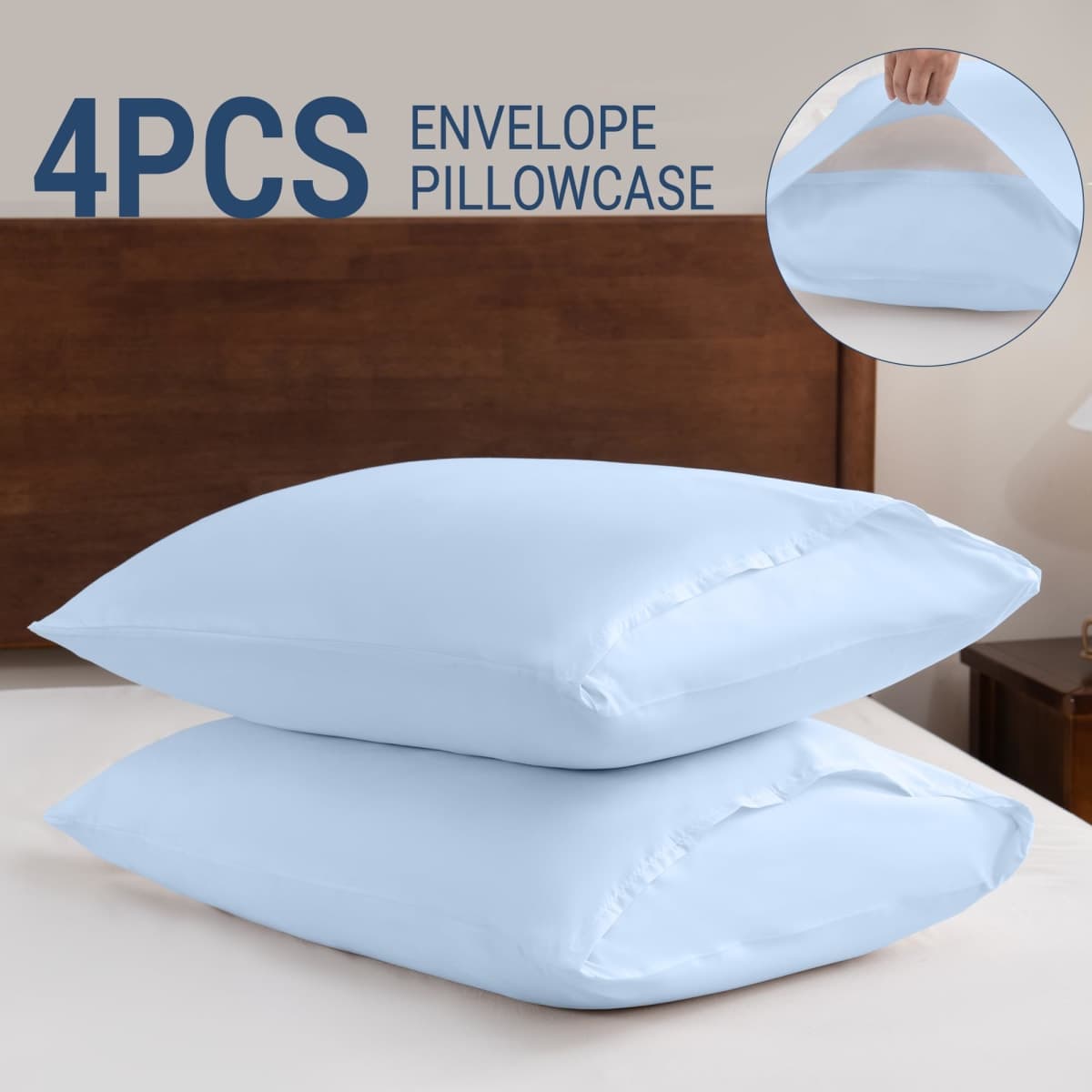 Pillowcases Standard 4 Pack, 20x26 Pillow Cases with Envelope Closure, Soft Plain Brushed Microfiber Covers Breathable Wrinkle-Resistant, Light Blue thumbnail 5
