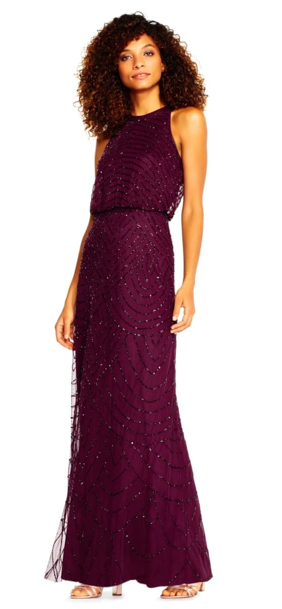 Adrianna Papell Women's Halter Art Deco Beaded Blouson Dress, Cassis, 14 thumbnail 4