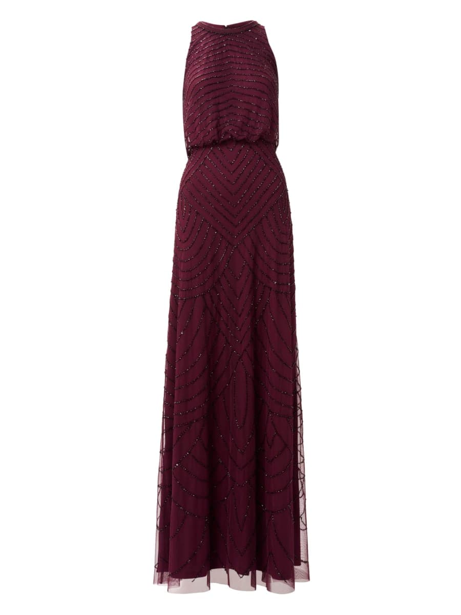 Adrianna Papell Women's Halter Art Deco Beaded Blouson Dress, Cassis, 14 thumbnail 5