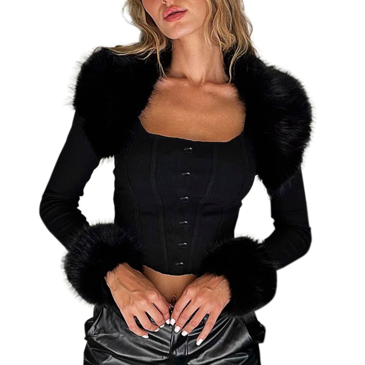 VWIWV Women Long Sleeve Crop Jacket with Faux Fur Collar Coat Outwear Lightweight Casual Jackets Clubwear, Black, Medium — image 1