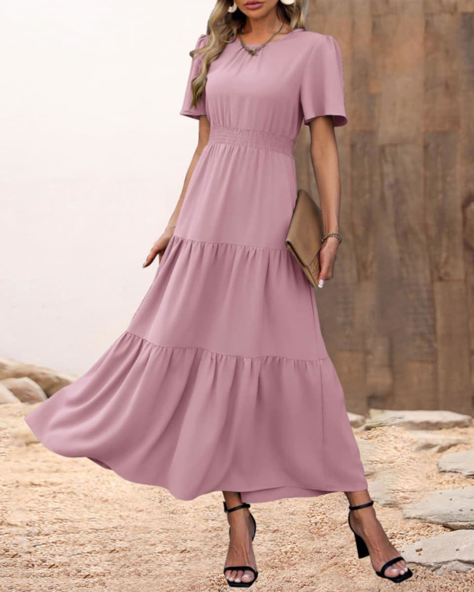 PRETTYGARDEN Women's Summer Casual Short Flutter Sleeve Round Neck Smocked Waist Tiered Boho Floral Flowy Maxi Dress, Solid Pink, XX-Large thumbnail 2