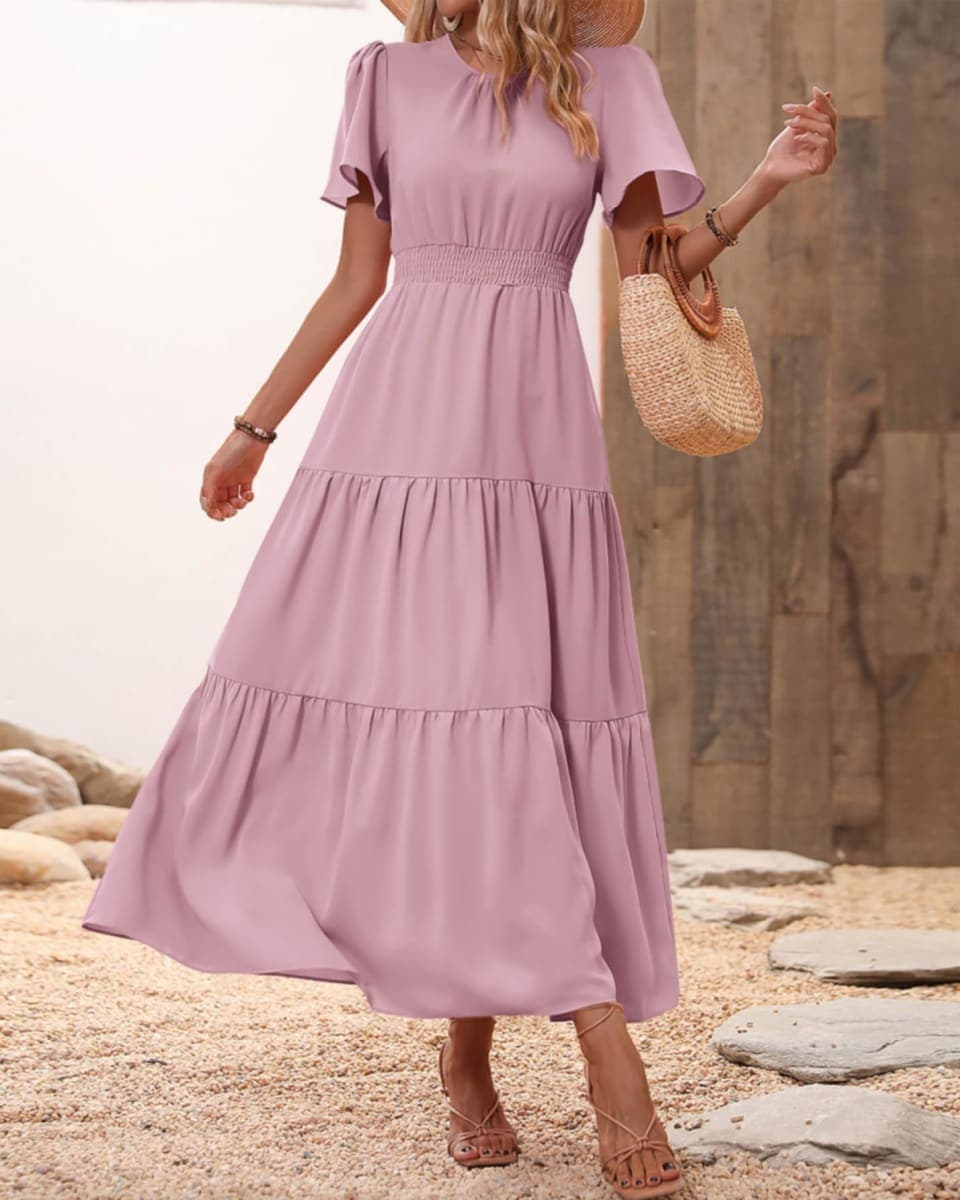 PRETTYGARDEN Women's Summer Casual Short Flutter Sleeve Round Neck Smocked Waist Tiered Boho Floral Flowy Maxi Dress, Solid Pink, XX-Large thumbnail 3