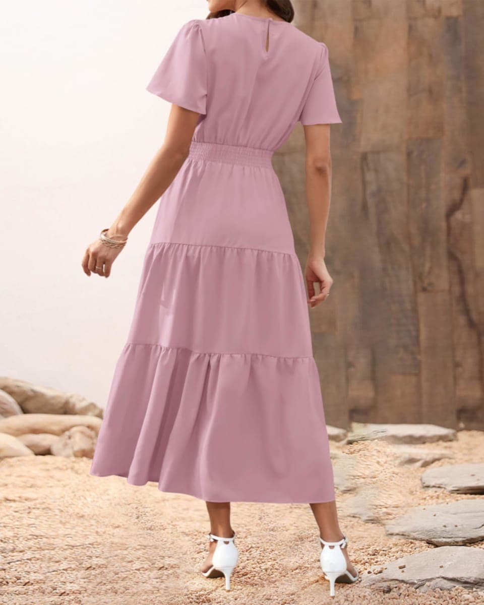 PRETTYGARDEN Women's Summer Casual Short Flutter Sleeve Round Neck Smocked Waist Tiered Boho Floral Flowy Maxi Dress, Solid Pink, XX-Large thumbnail 5