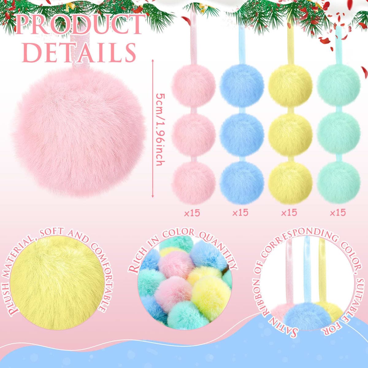 WILLBOND 60 Pcs Fur Christmas Ornaments 2 Inch Pastel Pom Pom Ball Hanging Decoration Yellow Pink Green Blue Macaron Fuzzy Fluffy Christmas Ornaments for Xmas Tree Wreath Home DIY Craft Party Decor thumbnail 3